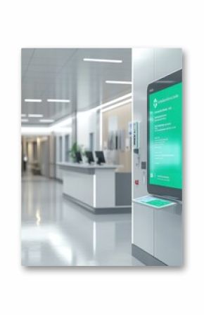 Interactive digital information display modern hospital lobby digital signage clean environment wide angle view healthcare technology