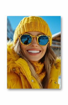 Bright winter day in the mountains with a joyful woman wearing a yellow outfit and sunglasses enjoying the snow