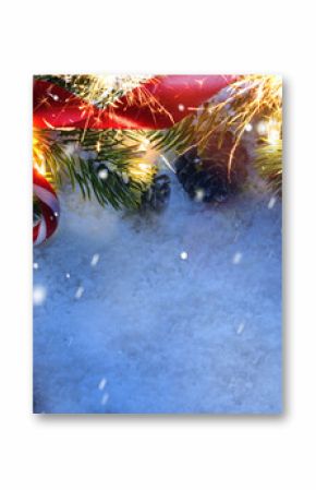 Countdown to midnight. Retro style clock counting last moments before Christmas or New Year 2025 next to decorated fir tree on snow. View from above.