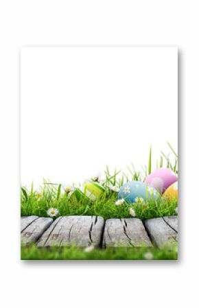 Five painted easter eggs celebrating a Happy Easter with a rustic wooden bench & green meadow grass to place products in front of with a transparent background