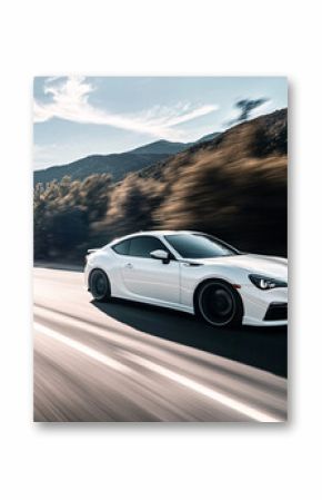 White Sportscar on Scenic Road: A sleek, white sportscar speeds along a winding road, showcasing motion against a picturesque backdrop of rolling hills, capturing the thrill of driving.