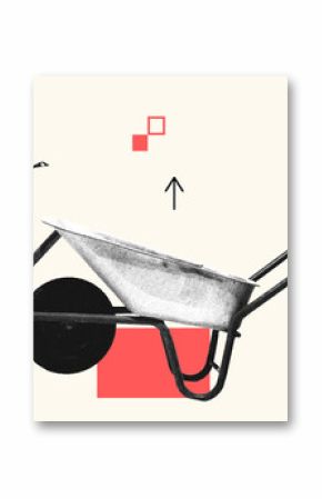 Farmer pushing empty wheelbarrow, growing crops against abstract geometric elements. Contemporary art collage. Concept of agriculture, sustainability, growth, eco-friendly farming. Photocopy effect.