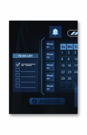 Digital futuristic interface with holographic calendar and to-do list.