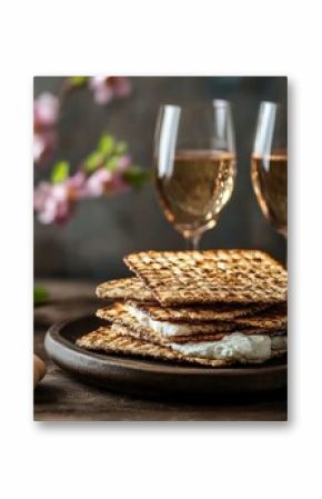 Matzah, white wine, and eggs celebrating Passover with spring flowers