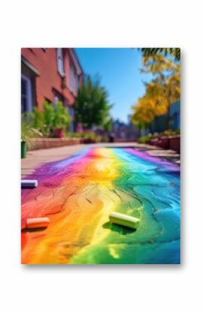 Chalk artists create a stunning rainbow pathway in a colorful urban setting, celebrating diversity.