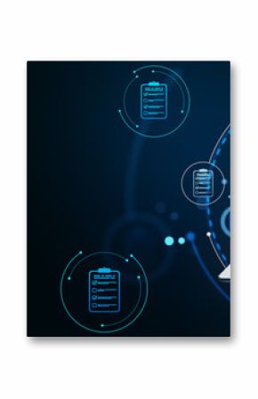 Digital document management concept with holographic checklist icons floating over a tablet, symbolizing cloud-based data solutions.