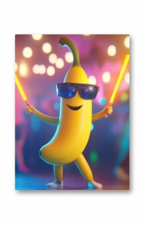 Cartoon banana dancing with glow sticks at a nightclub