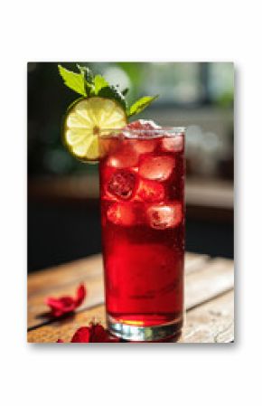Refreshing glass of hibiscus iced tea isolated on transparent background, ideal for food blogs, menus, social media, and beverage ads    keywords:   hibiscus, iced tea, agua de jamaica, Mexican, 