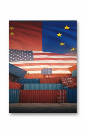 A visual representation of the flags of China, the United States and Europe, with disarranged shipping containers symbolizing trade