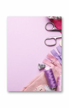 Different sewing supplies on lilac background, flat lay. Space for text