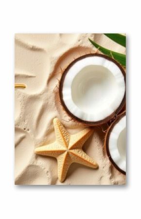 Sale Summer Coconut Decor with Starfish on Sandy Background  