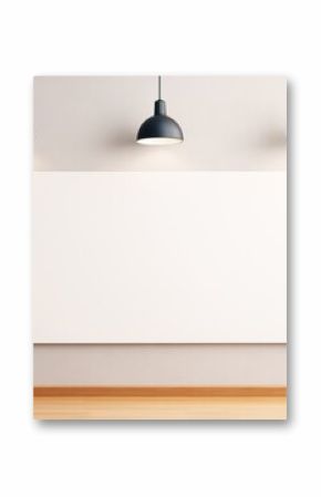 Blank horizontal poster mockup hanging on a beige wall under three black lamps in a minimalist interior with wooden floor and soft lighting.
