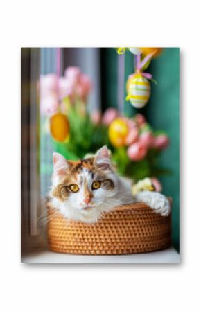 funny kitten lies in a basket on the windowsill among flowers and colorful Easter eggs