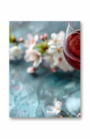 Glass of red wine with spring cherry blossom branches on blue textured background. Romantic wine tasting concept. Seasonal beverage for celebration or relaxation.