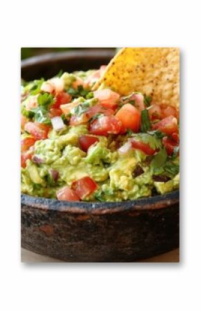 A fresh bowl of guacamole with a tortilla chip, on a white background