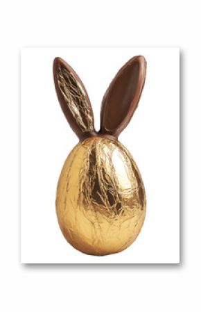 Golden foil wrapped Easter chocolate shaped like a bunny with ears, isolated on white transparent background. Festive holiday candy concept