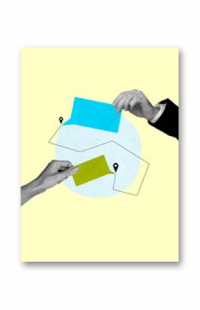 Creative image collage of two hands holding demonstrate speech bubble on yellow background