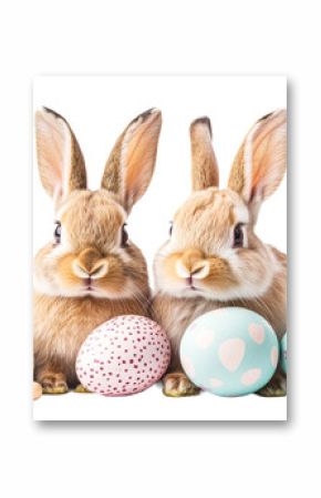 Easter rabbits with painted eggs, isolated on black, cut out transparent