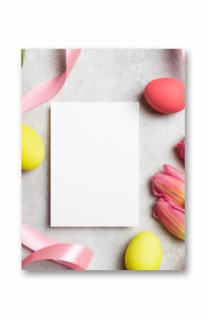 Easter holidays greeting card mockup, easter eggs and fresh tulips flowers, blank paper card mock up with copy space