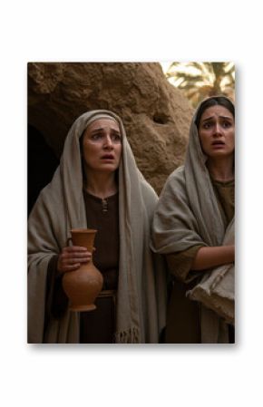 Women at Jesus Tomb Surprised. Biblical easter story scene of two women finding empty tomb. Religious easter history background resource for easter card and poster.