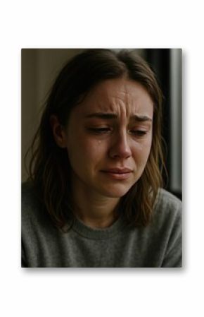 Emotional woman crying indoors.