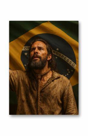 Tiradentes Raising Fist in Front of Brazilian Flag – April 21 National Holiday Tribute