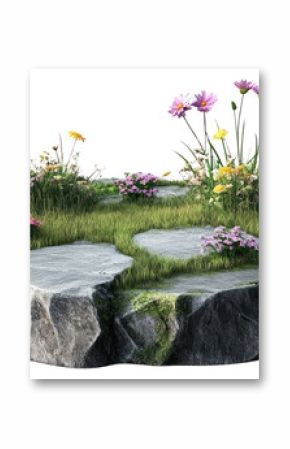 PNG Grass field rocky with flower podium flowers grass wildflowers.