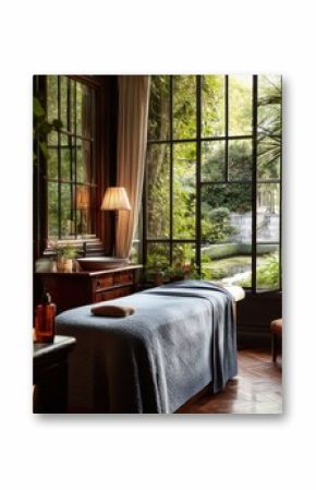 Luxurious spa setting with a massage table, natural light streaming through large windows, and lush greenery, creating a serene and inviting wellness retreat.