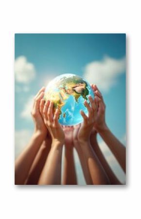 Hands holding Earth globe against blue sky with clouds. Symbol of charity volunteering help care. People support earth with globe on international day of charity. Giving, sharing concept. Concept of