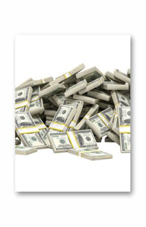 Huge mound of bundled hundred dollar bills isolated on transparent background