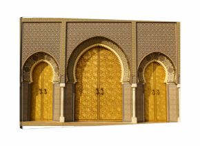 Closeup of 3 Ornate Brass and Tile Doors to Royal Palace in Fez,