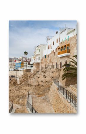 Street view with traditional colorful houses. Tangier, Morocco