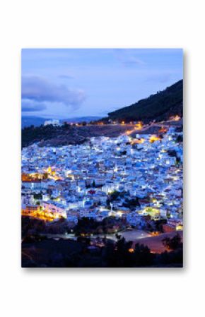 Panorama of blue Medina of Chefchaouen city at sunset in Morocco, Africa