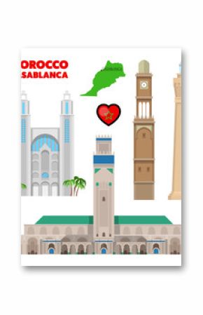 Morocco Casablanca Travel Set with Architecture and Flag. Vector illustration