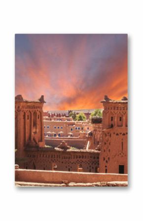 Narrow streets of Kasbah Ait Ben Haddou in the desert at sunset, Morocco