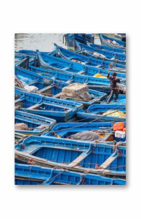 Blue fishing boats in harbor Essaouira Morocco