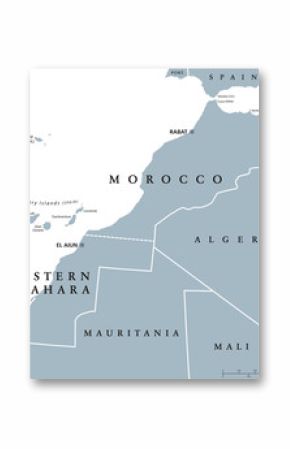 Morocco and Western Sahara political map with capitals Rabat and El Aiun and with national borders. Gray illustration with English labeling and scaling on white background.