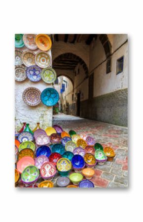 Colorful ceramic souvenirs on the street in a shop in Morocco