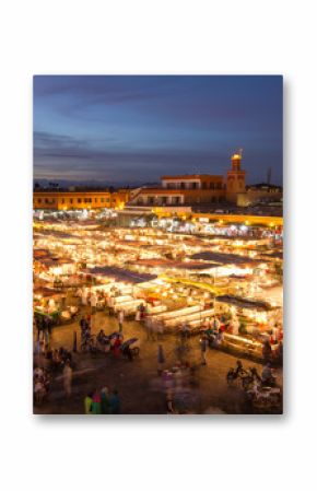 Jamaa el Fna market square at dusk, Marrakesh, Morocco, north Africa. Jemaa el-Fnaa, Djema el-Fna or Djemaa el-Fnaa is a famous square and market place in Marrakesh's medina quarter.