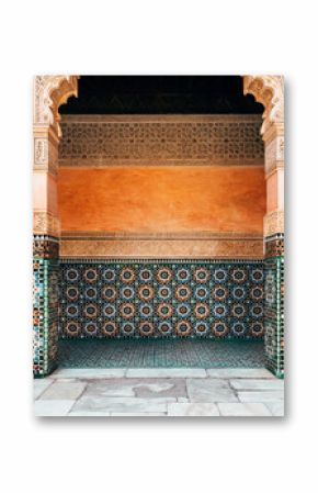 colorful ornamental tiles at moroccan courtyard