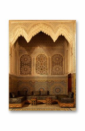 Typical Moroccan riad house with brown mosaic and carpets - Fes, Africa, Morocco