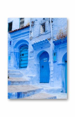 Street landscape of the of old historical medieval city Сhefchaouen in Morocco. Blue town village narrow streets of medina