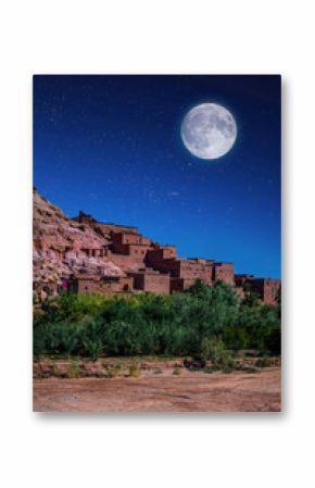 Kasbah Ait Ben Haddou in the desert near Atlas Mountains at night, Morocco