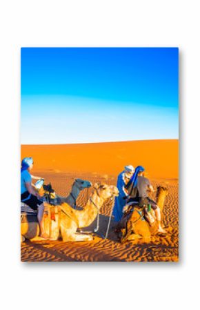 Persons doing camel trek in the desert of Morocco next to M'hamid