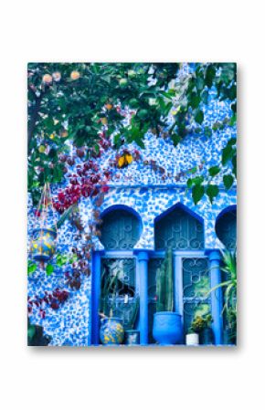 Arab style windows decorated with pots and a tangerine tree. Image taken in Chefchaouen, a beautiful village in northern Morocco