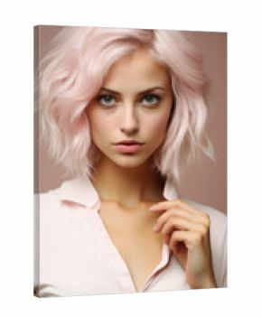 Portrait of a beautiful girl with pink hair on a pink background