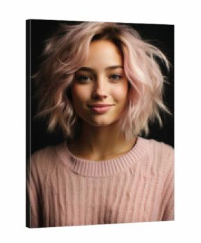 Portrait of a beautiful young woman with pink hair on a black background