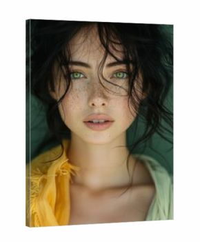 Photograph beautiful woman with green eyes, tangled black hairs