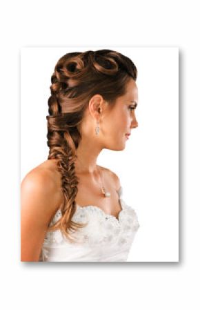 bridal hairdo with a plate isolated on white background