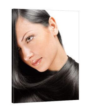 black haired beautiful woman holding her long straight hair